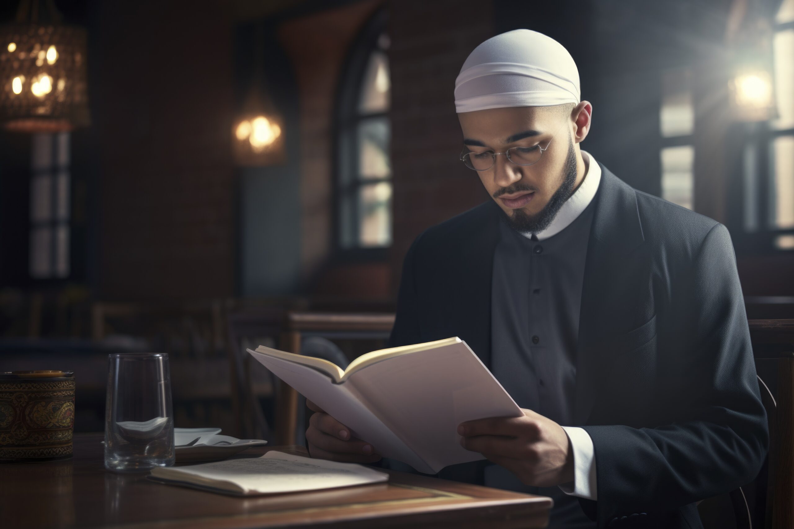 An Islamic man reading a menu in a restaurant , Shot using a Hasselblad camera, ISO 100. Professional color grading. Crystal clear feel. Soft shadows. Clean sharp focus. High - end retouching. magazine photography. Award winning photography. Advertising photography. Commercial photography. --ar 3:2 --v 5.2 Job ID: a41815af-ee98-47bc-a296-c130792d6bfb